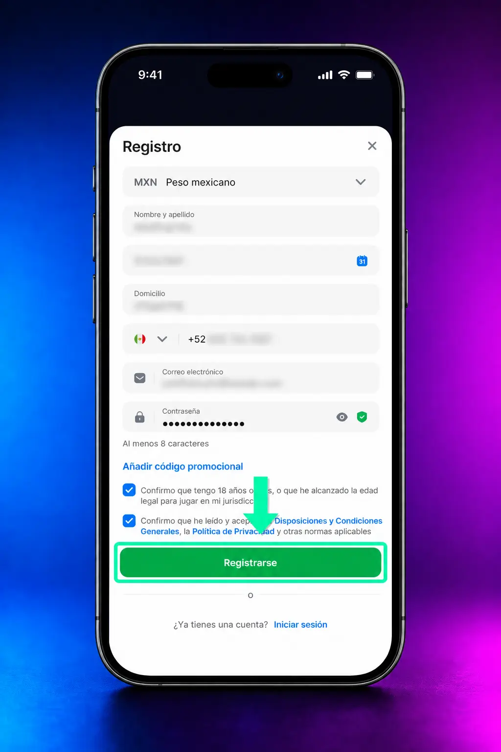 Pasos para registrarse en 1win: formulario de cuenta con opciones de teléfono, email y redes sociales